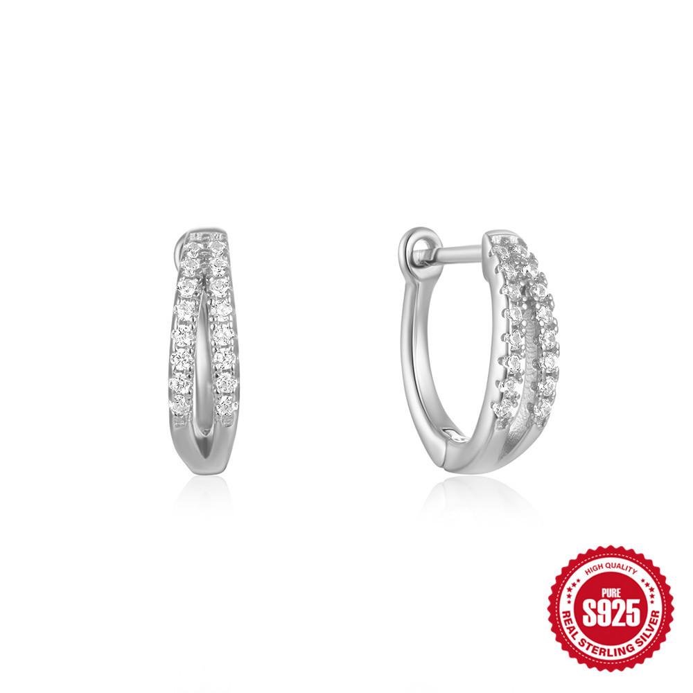 Simple S925 Sterling Silver Classic Light Luxury Personality Double Row Diamond Earrings Ear Buckle Earrings Huggie Earrings