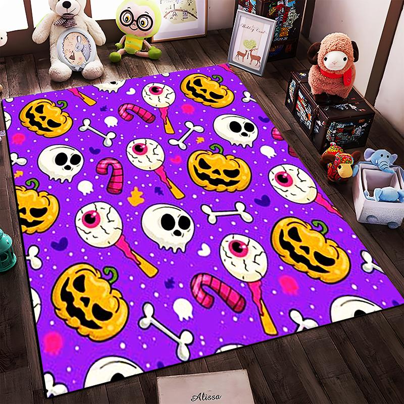 Halloween Pattern with Skulls and Pumpkins Non-slip Rug Suitable for Living Room and Bedroom Sofas