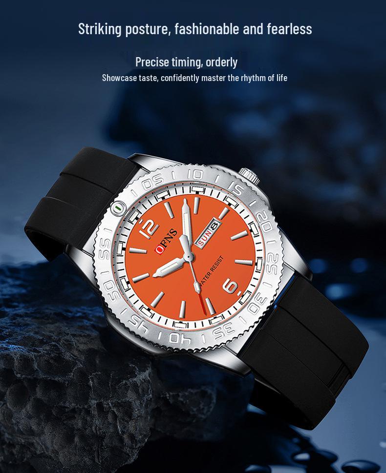 Ofns Brand Men's Quartz Watch - Waterproof with Dual Calendar & Simple Bar Markers