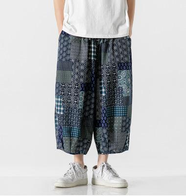 Cotton and linen summer new Chinese style men's casual trousers men's printed large size fashion wide-leg trousers