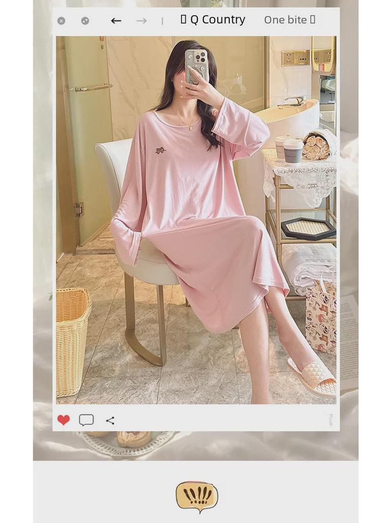 Modales Langarm-Nachthemd mit Brustpolstern für Damen in großen Größen