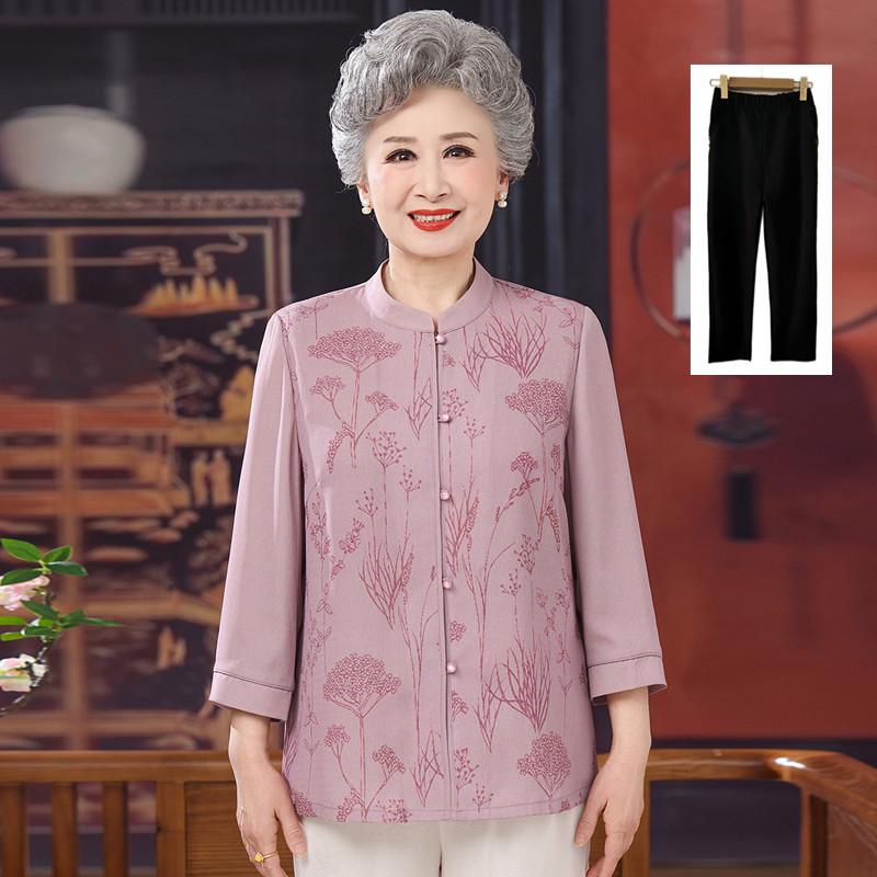 Chiffon Summer Shirt for Elderly Women: Chinese Style Round Neck Fashion.