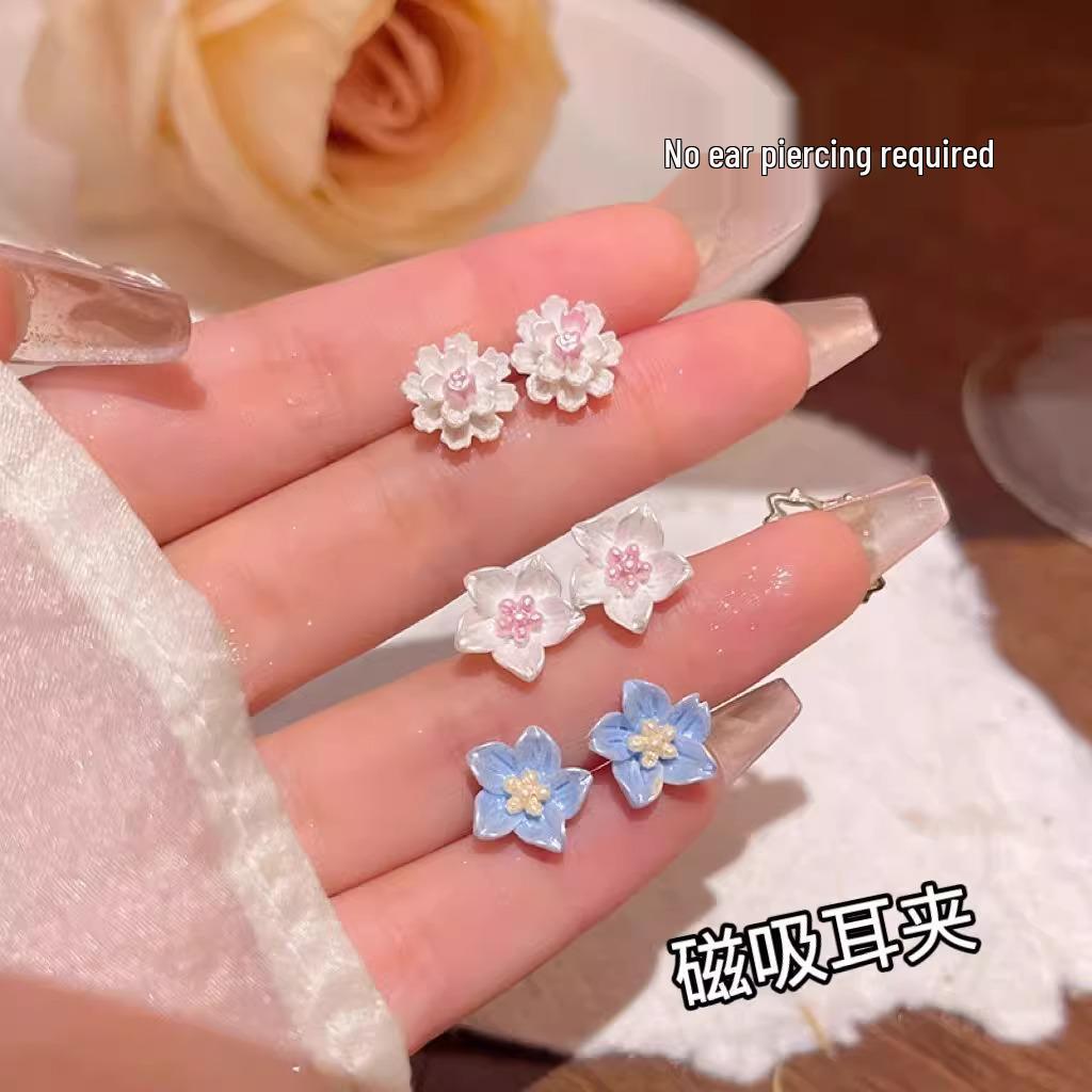 Fresh Blue Camellia Magnetic Earrings: Piercing-Free, No Ear Holes Required, with 0.01 Free Shipping for New Customers