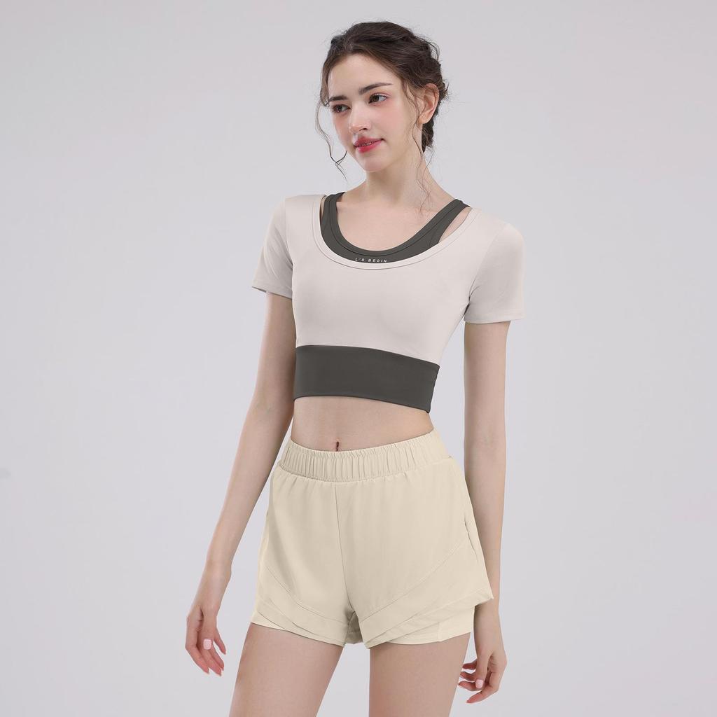 Women's Short Sleeve Yoga Set: Summer Style Workout Top with Chest Pad for Pilates, Training, and Running.