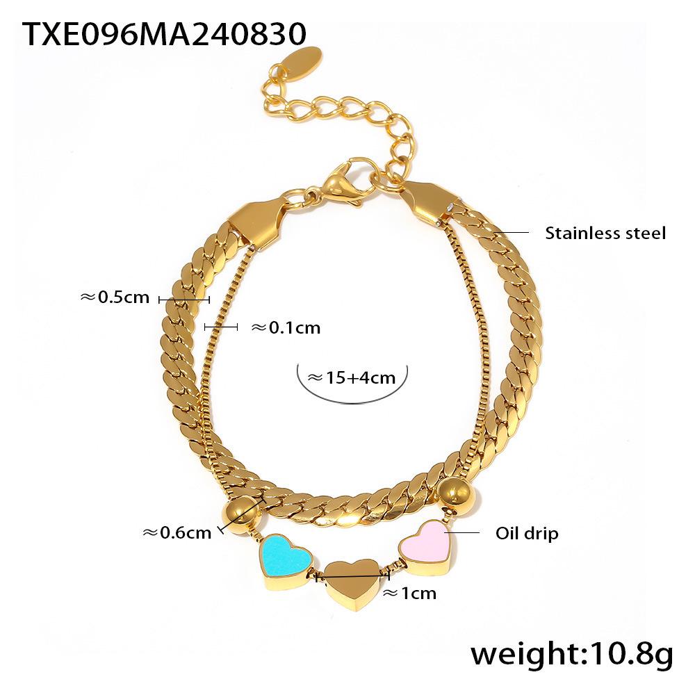 Colorful Enamel Heart Double Layer Necklace  Bracelet Set - Retro Luxury Stainless Steel Design
