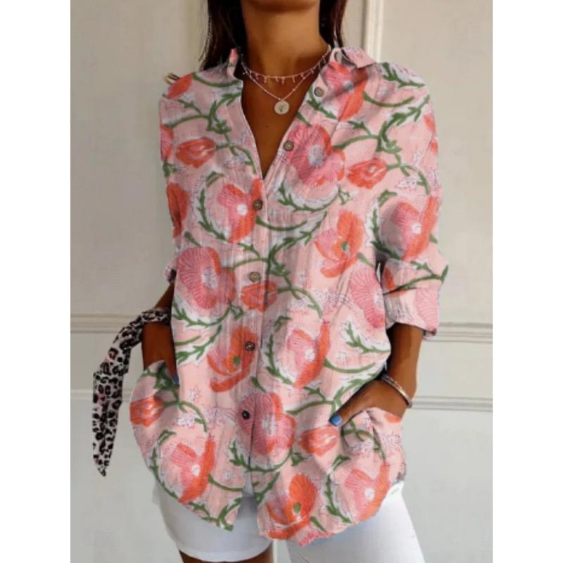 Women's Shirts Floral Active Stylish Buttons Blouse Lapel Neck Blouse Womens Long Sleeve Shirts Womens Clothing Female Clothing