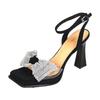 Spring and summer new square head thick-soled bow inlaid with brick buckle with stiletto high heels sandals