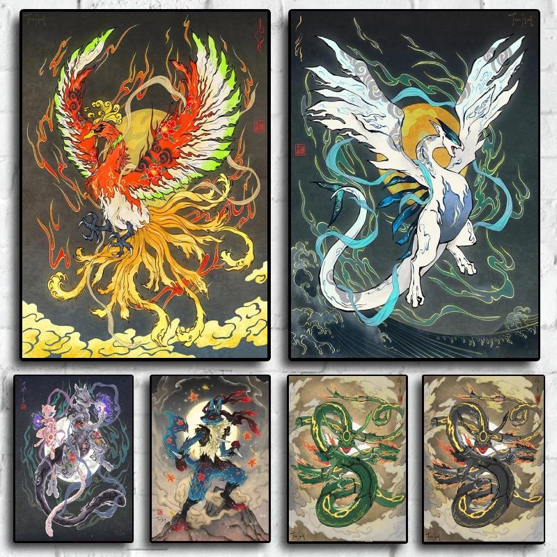 Lugia Ho-Oh Pokemon Unframed Canvas Painting Comic Themed Anime Wall Decor Unique Collection Enhance Your Living Space