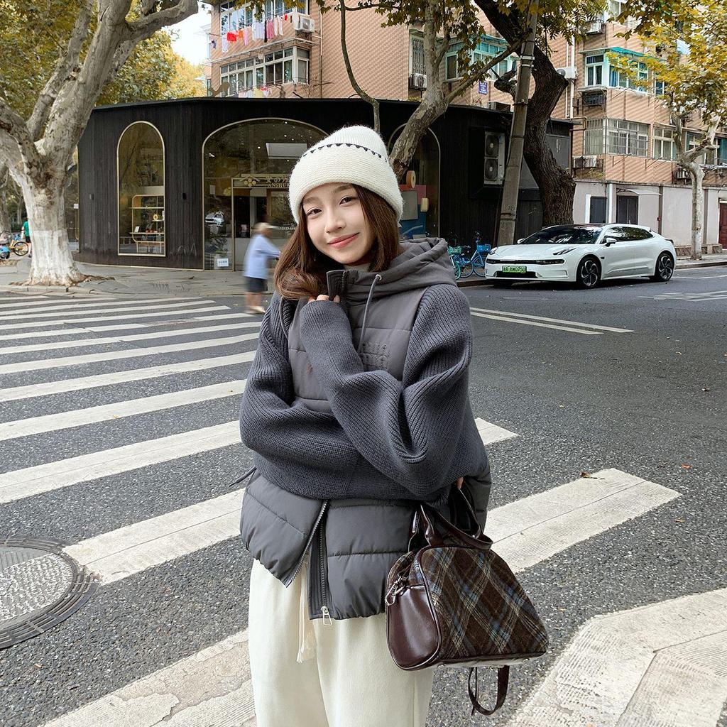 Women's 2026 Knitted Patchwork Sleeve Cotton Jacket - Short, Two-Piece Style, Autumn/Winter New Fashion Outerwear