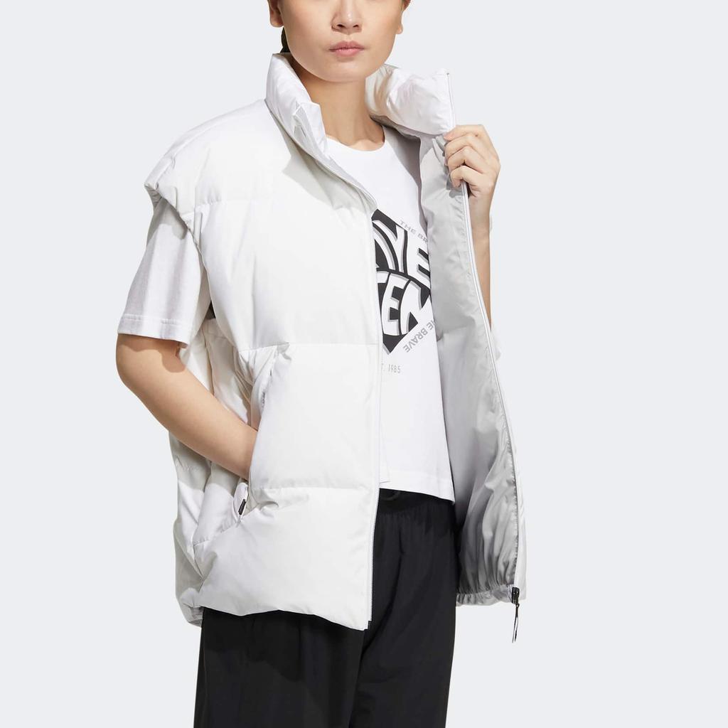 Adidas White Down Vest With Solid Color Printed Logo And Zipper Stand Collar Women Vests HR5238