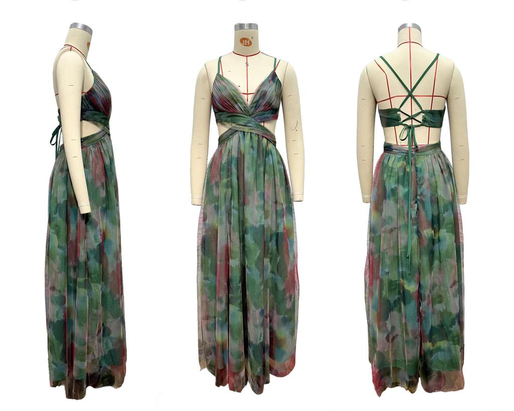 Cross2026 Europe Spring/Summer Mesh Print Spaghetti Strap Dress - INS Vacation Casual Party Style