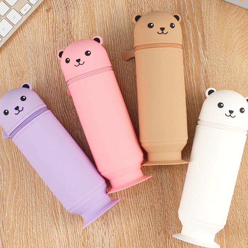 Large Capacity Pencil Case Cartoon Bear Pencil Box with Suction Cup Silicone Pen Bag for Students Teens Girls Boys