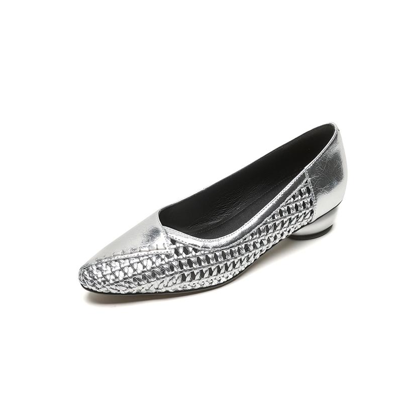 

Fashion NEW Spring/Autumn Women Pumps Rounde Toe Chunky Heel Shoes Split Leather Shoes for Women Concise Weave Slip-on Handmade Shoes 34 серебряный