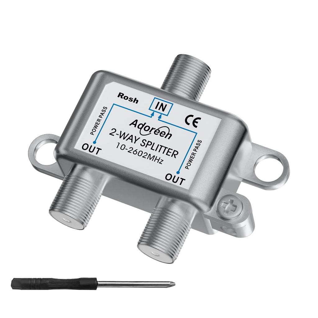 Adoreen 2-Way Coaxial Cable Splitter, 10-2602MHz Mini Bi-Directional Digital Signal RG6/RG59 Coax Indoor&Outdoor for CATV, Satellite, Antenna, MoCA,