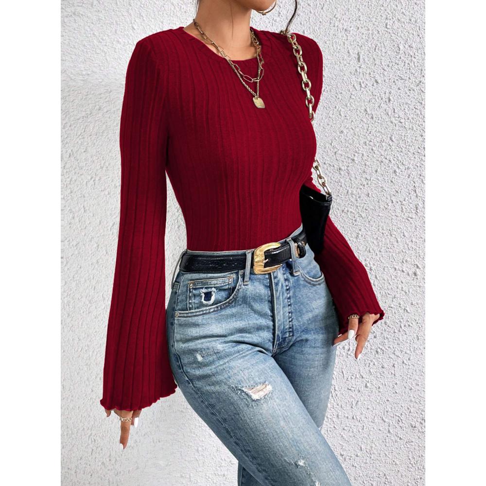 Hot Sale Round Neck Flared Sleeve Burgundy T-Shirt Autumn Winter Elegant Commuting Versatile Top