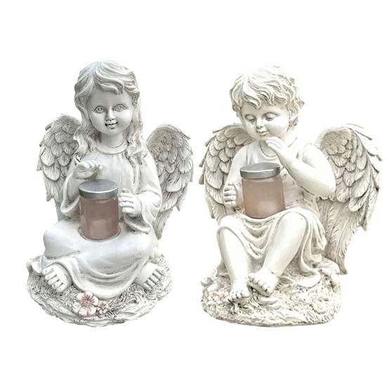 Solar Powered Little Angel Garden Statue Small Cupid Angel Figurine Waterproof Resin Fairy Garden Ornament for Patio Yard Porch Lawn Outdoor Decor