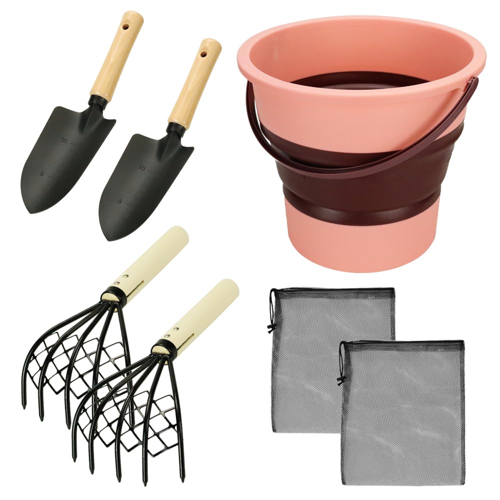 Clam digging kit: rake, shovel, bucket, clam picking tool, sand rake, clam and cockle digging kit, for family use (pink)