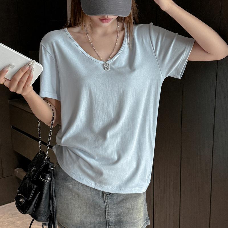 

Modal V-neck loose large version front shoulder short-sleeved T-shirt women s versatile outer wear summer high-end Korean women s top 3xl (suitable for weight 87.5-100kg ) світло-синій колір
