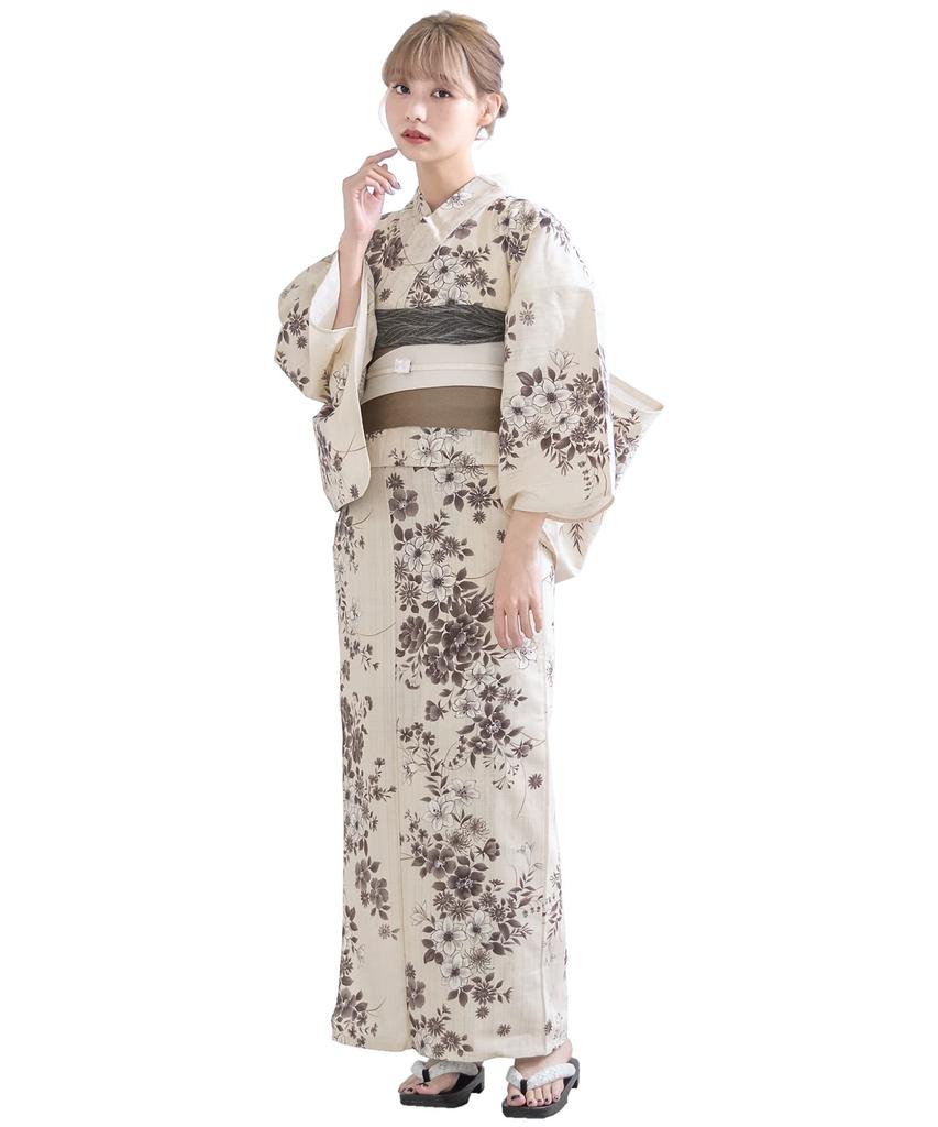 SOUBIEN Bonheur Saisons Yukata Set and One Size Fits Beige with Peony and Women's Two-Piece (Yukata Half-Width Obi), All, Greige, Ykt10005-obh10004