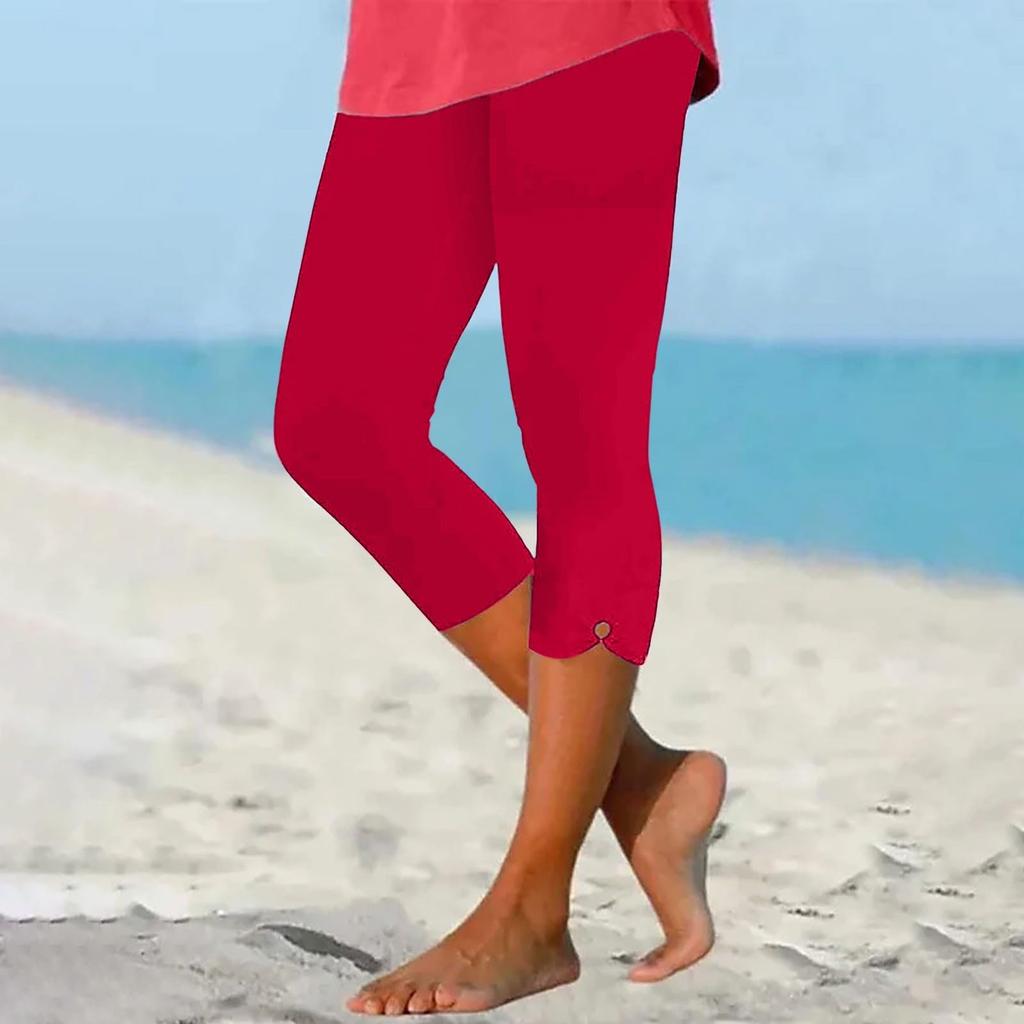 Women's Casual Comfortable Stretch High-Waist Elastic Cropped Pants, Vacation Beach Leggings