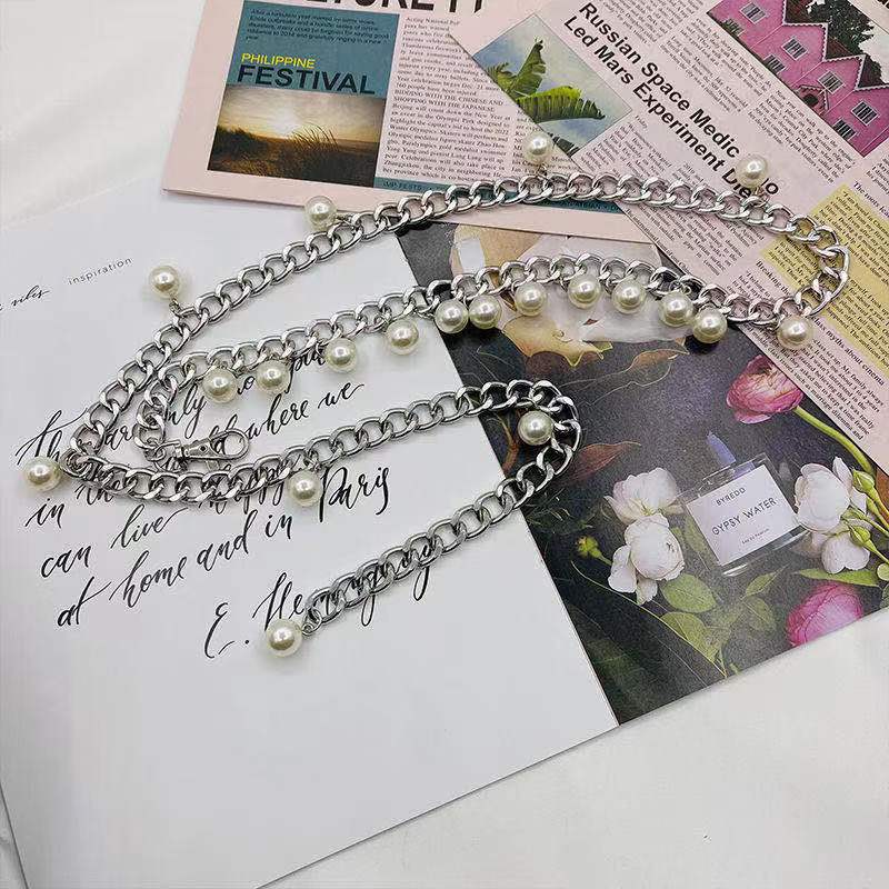 

Европейская и американская простая жемчужная подвесная поясная цепочка женские аксессуары юбка новая металлическая цепочка свитер утягивающая талию цепочка для тела 100-110cm