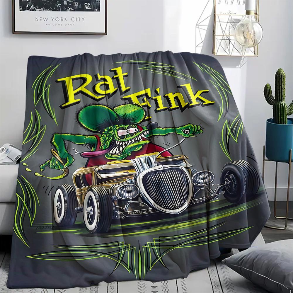 1PC Rat Fink Print Flannel Blanket, High Quality All Seasons, Home Decor, Warmth and Comfort, Perfect for Christmas Gifts
