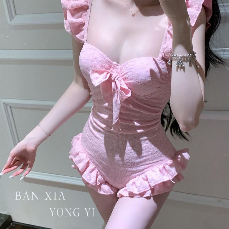 

One-piece Swimsuit Is Sweet Pure Desire. Small Chest Gathers Slim Skin-covering Vacation Hot XL рожевий