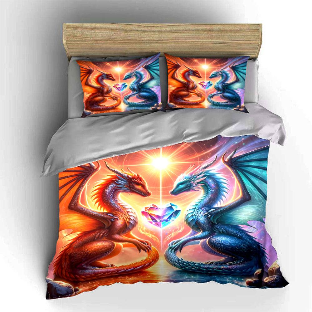 Two Dragons Guarding Crystal Heart Print Bedding Set 1 Duvet Cover 2 Pillowcases for Adult and Children Luxury Gift Full Size