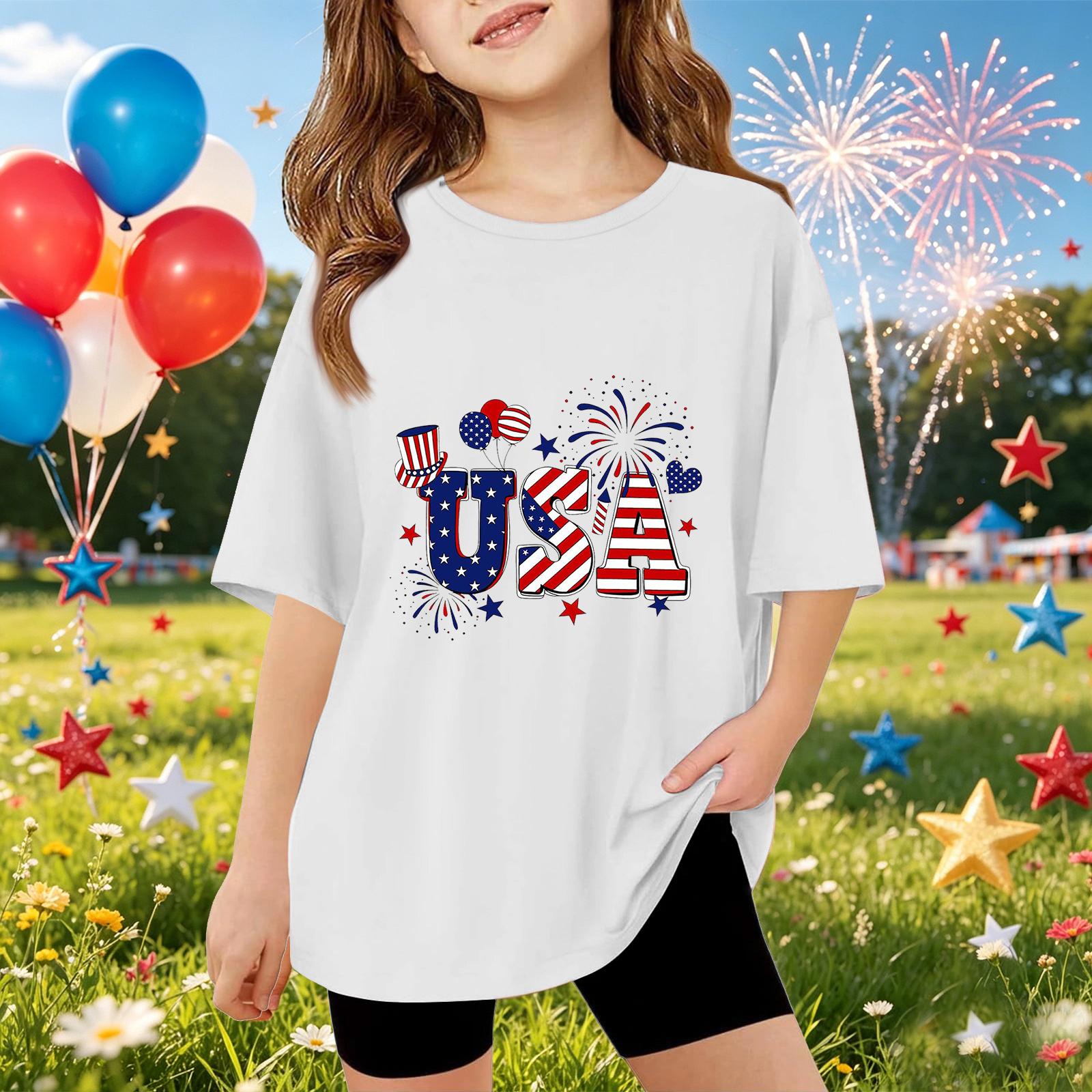 

Kids Short Sleeve T-Shirt USA Print Independence Day Graphic Tee Top Casual Fit Soft Fabric Comfortable Wear for Boys and Girls 160 белый