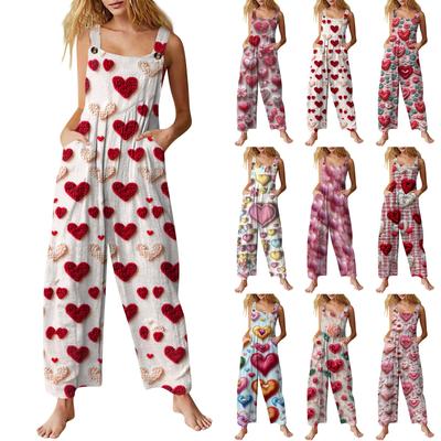 Women's Casual Jumpsuit Valentine's Day Heart Printed Cotton Jumpsuit