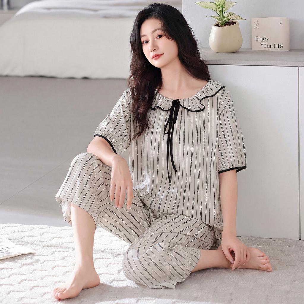 Pajamas women's 11-year new summer cotton short-sleeved cropped pants thin summer large-size loungewear can be worn outside the set