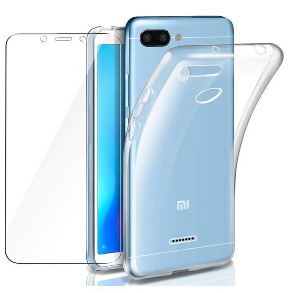 Couverture Complète Verre Trempé pour Xiaomi Redmi 6A + Verre trempé Protection écran, Souple Etui Transparente Silicone