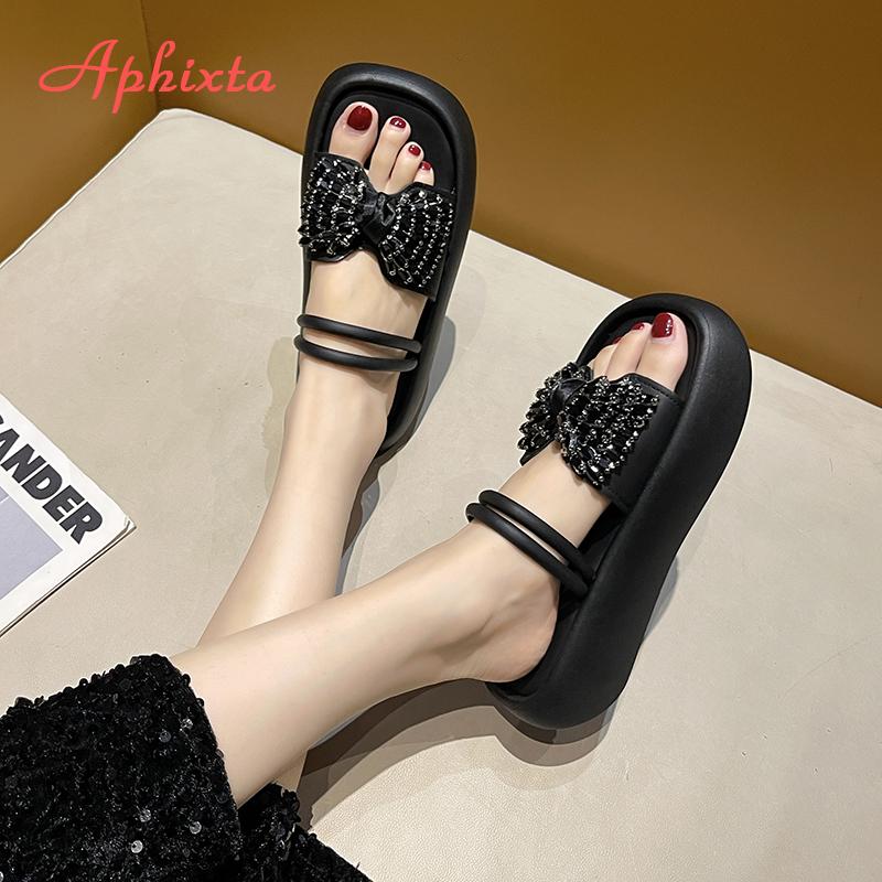 Fashion Aphixta New Crystal Butterfly Knot Modern Slipper Narrow Straps Sandals Shoes Thick Heel Summer Beach Slides sandalias de mujer