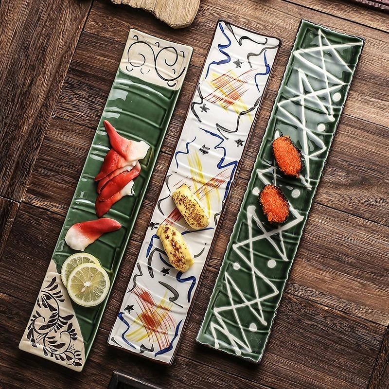 1PC Japanese-style Sushi Plate Tableware Creative Hand-painted Ceramic Day Strip Flat Sashimi Salmon Commercial Plate