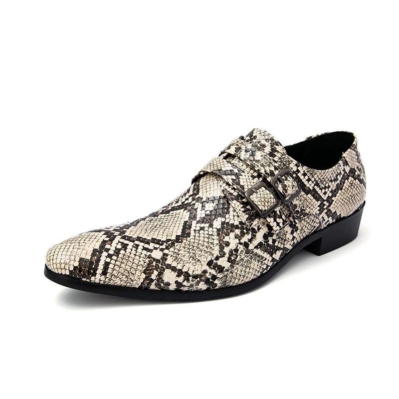 Men Snake Print Chelsea Shoes Double Buckle Pointed Toe Stylish Casual Dress Shoes Luxury Leather Shoes for Men Footwear