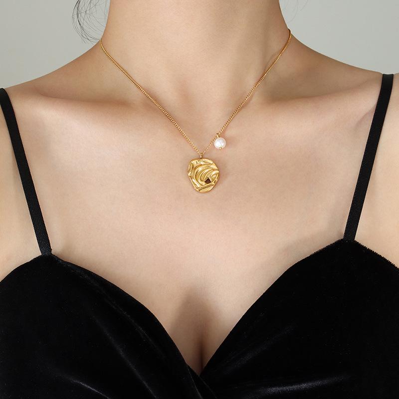 Abstract Art Irregular Pendant Freshwater Pearl Necklace for Women - Gold-Plated Titanium Steel