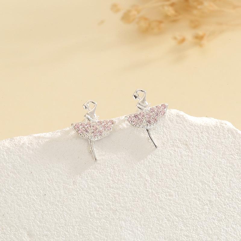 S925 Sterling Silver Ballerina Girl Stud Earrings - Elegant, Exquisite, Full Diamond Design