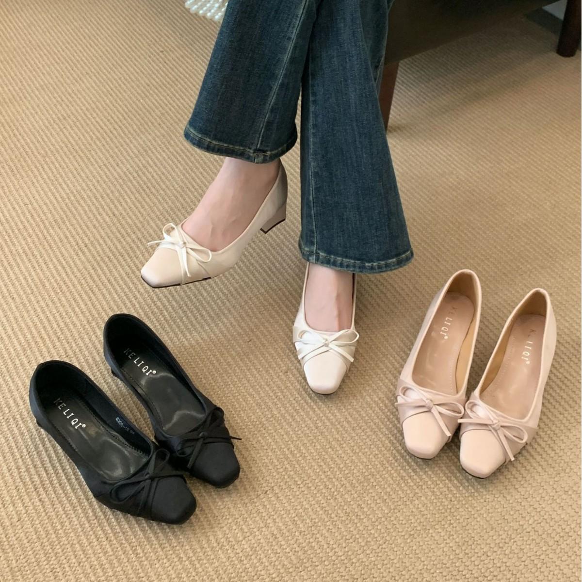 

2025 new autumn square head satin bow evening breeze with skirt light mouth thick medium heel female Mary Jane single shoes 39 чёрный