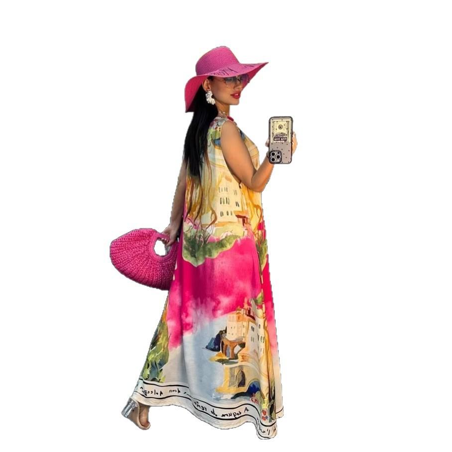 European and American Women's Clothing Summer New Fashion Loose Large Size Printing Suspender Casual Dress Long Dress