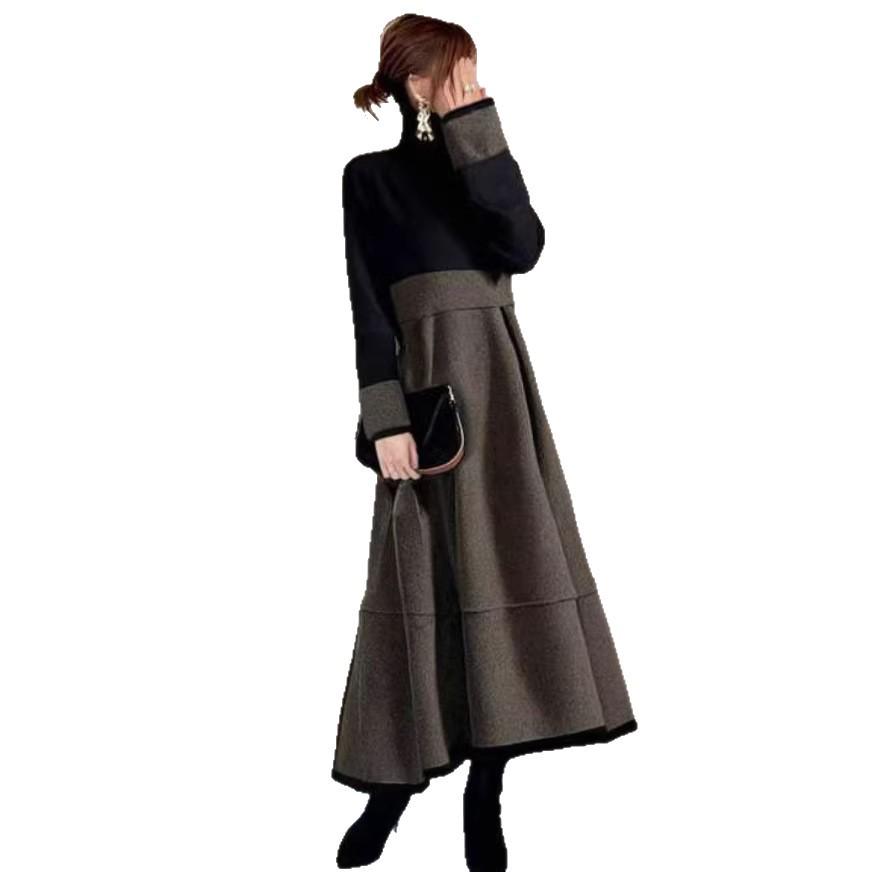 2026 Spring New High Neck Color Block Pocket Long Sleeve Dress