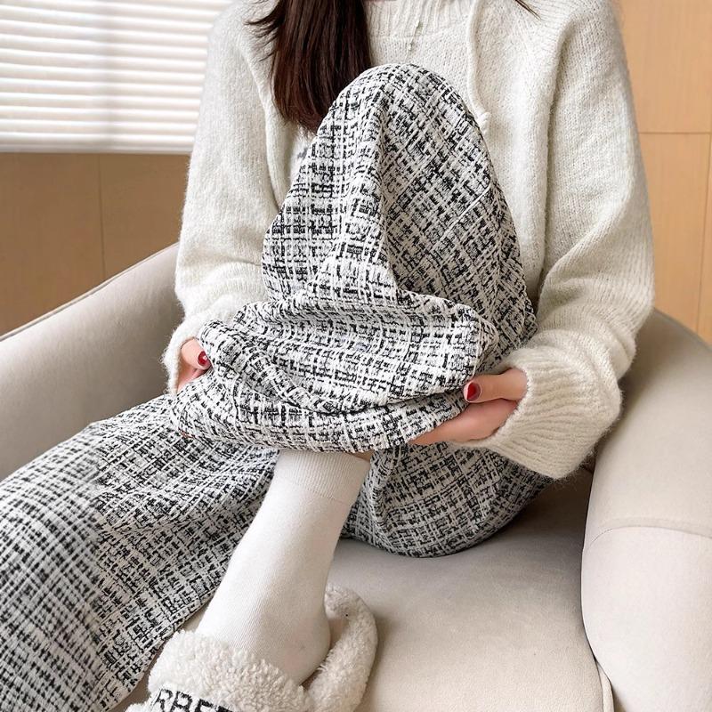 tweed plaid wide-leg pants women's autumn and winter new high-waisted chenille straight pants