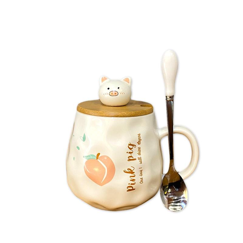 Cute Pig Cup Water Cup Household with Cover Spoon Girl Heart Mug Breakfast Cup Souvenir Ceramic Cup