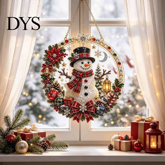 Christmas Tree Hanging Ornaments Xmas Snowman Ornament, Round Acrylic Santa Reindeer Seasonal Party Decor Door Sign for Festive Window Wall