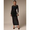 Women's Crew Neck Mesh Panel Bodycon Dress, Slim Ruffle Hem Maxi Dress