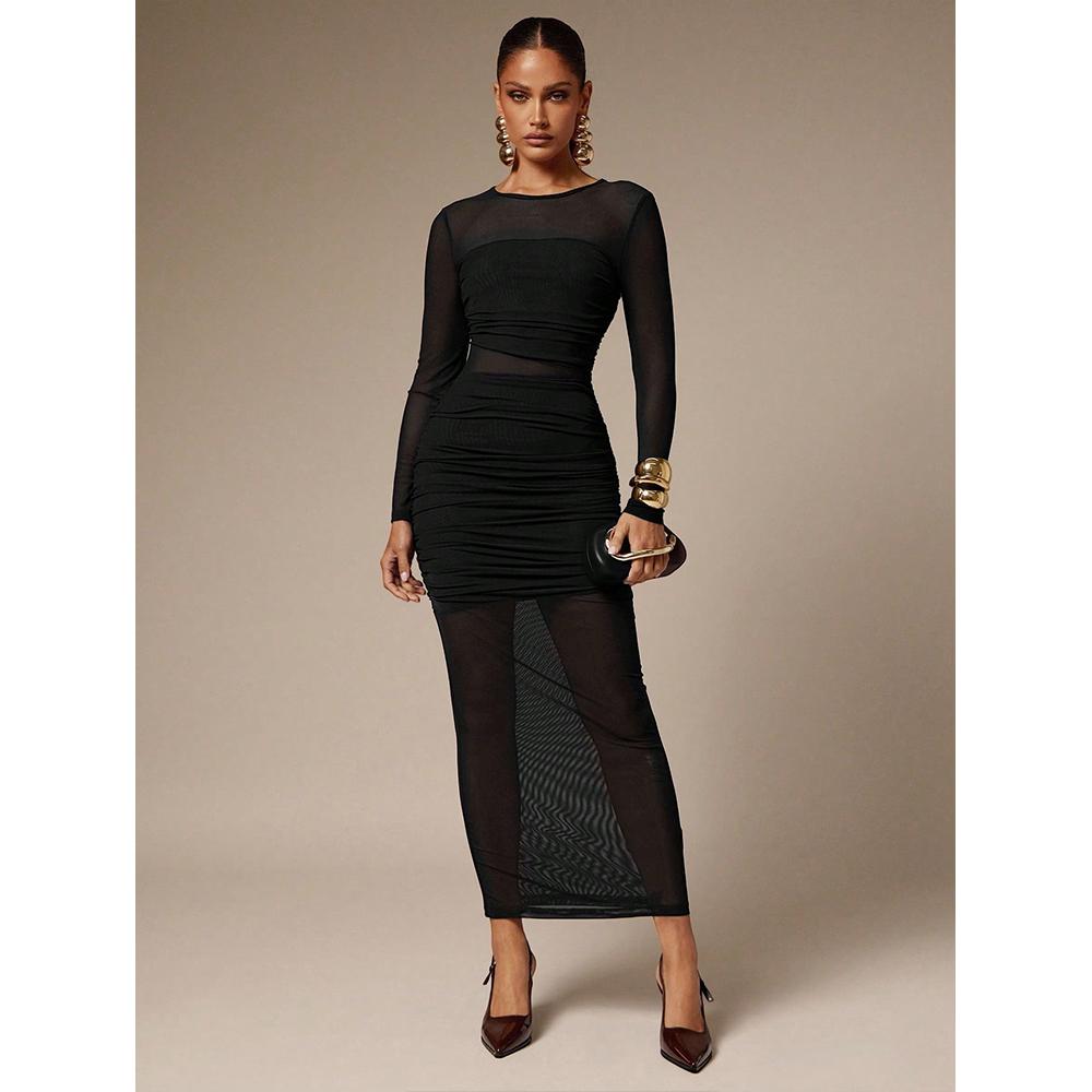 Women's Crew Neck Mesh Panel Bodycon Dress, Slim Ruffle Hem Maxi Dress