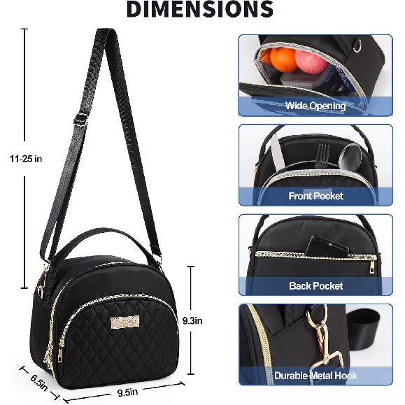 Black Cute Insulated Lunch Tote Bag for Women Work,Reusable Adult Lunch Box for Women, Stylish Wide Open Cooler Bag for Work(Black)