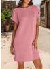 2026 Women's Solid Color Round Neck Short Sleeve Pocket Dress with Rolled Cuff
