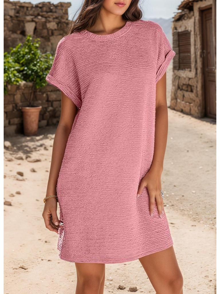 2026 Women's Solid Color Round Neck Short Sleeve Pocket Dress with Rolled Cuff