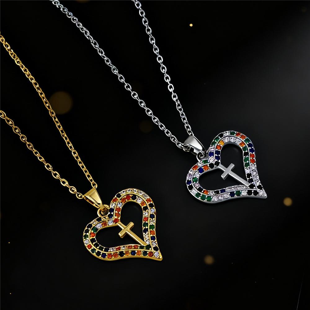 Charm Female Cross Heart Rainbow Zircon Stone Pendant Necklace Vintage Silver Color Wedding For Women