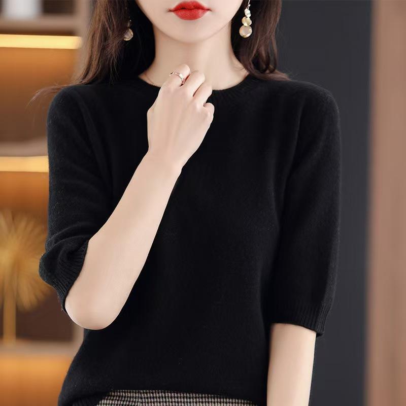 Loose Women's Round Neck Short Sleeve Knitted Sweater T-Shirt Base Layer Spring Autumn Short Top